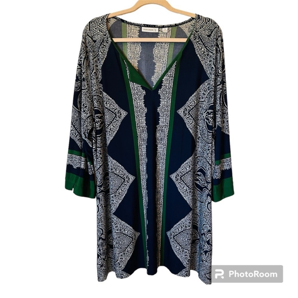 Susan Graver Navy & Green Long Stretchy Mini Dress Or Tunic Top 3X Plus